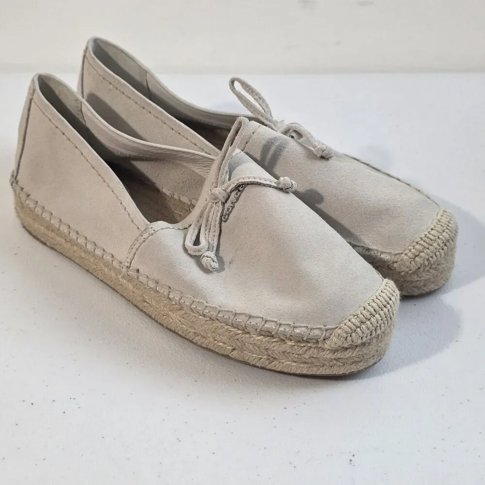 Coach Women Rae Cream Suede Espadrille Flats Size 5B Slip On Shoes Casual Bow